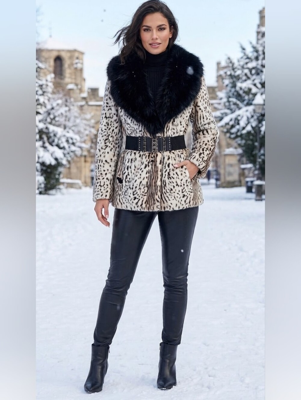 Luxurious Animal Print Belted Goat Fur Coat With Black Fox Fur Collar